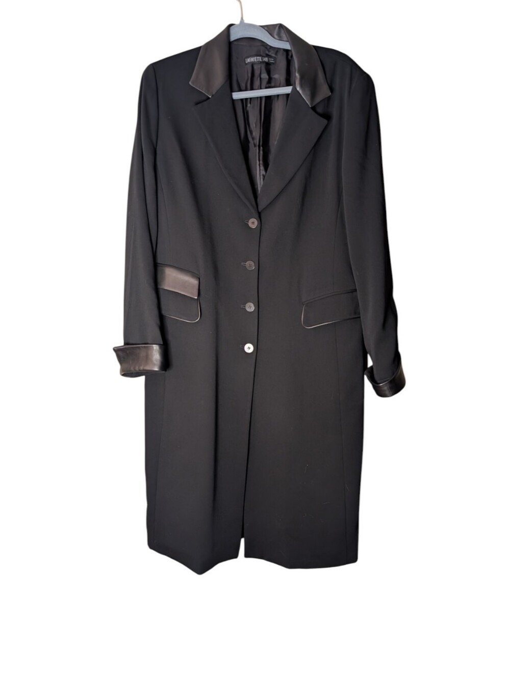 Lafayette 148 NY Black Longline 100% Wool Blazer Coat leather trim size 12 Flaw